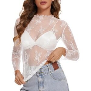 Etosell Womens White Floral Lace Mesh Sheer Long Sleeve Top NWT Size L
